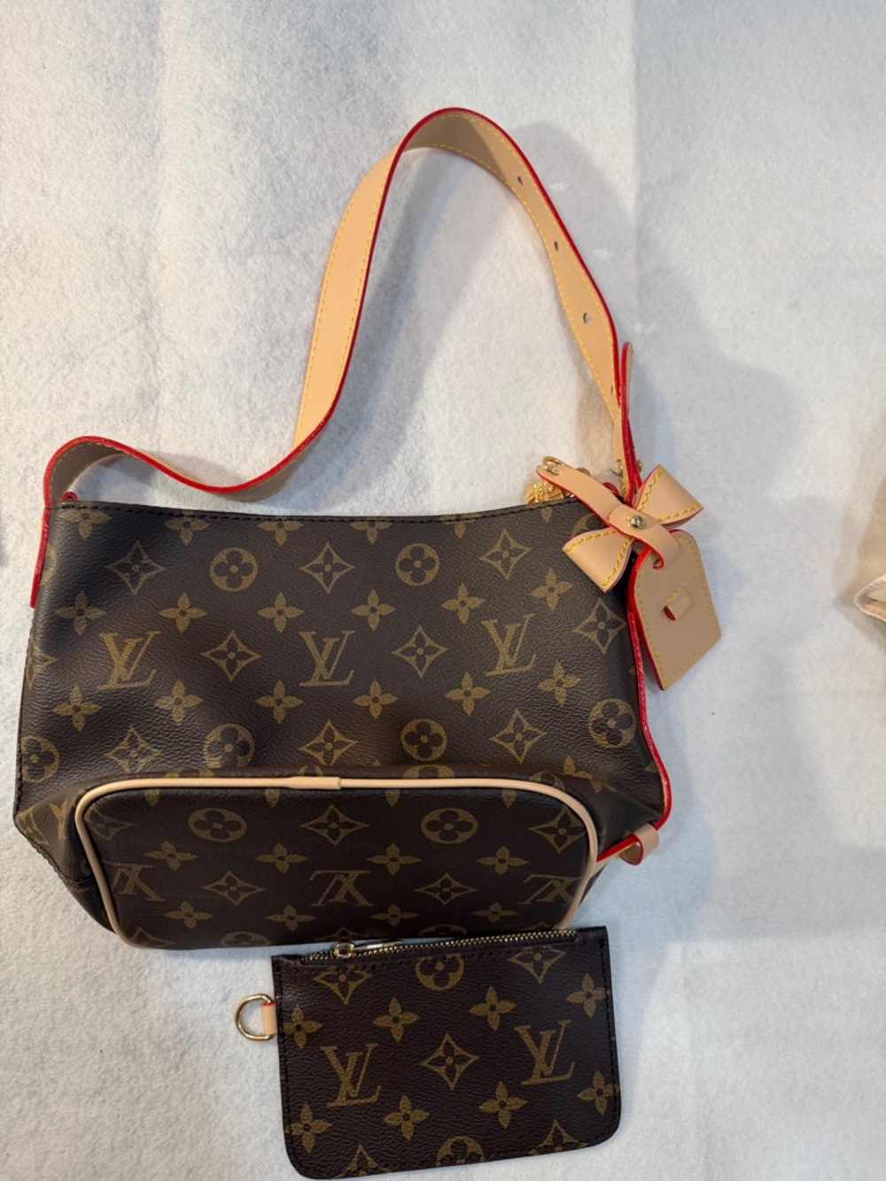 Lv  Brown Monogram Canvas with Red Trim and Beige Tag - Picture 2 of 6